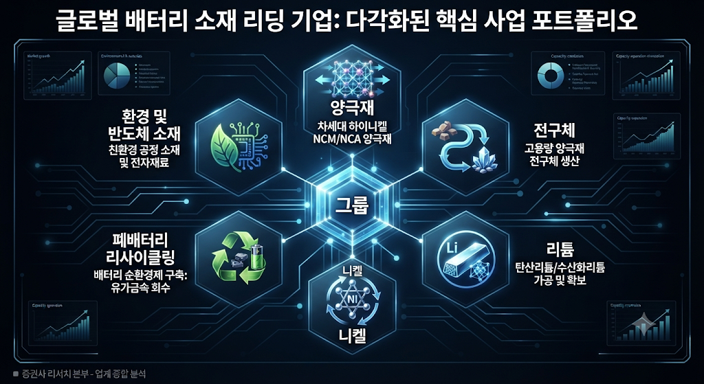에코프로 그룹의 양극재 전구체 리튬 리사이클링 환경사업 구조를 보여주는 사업 포트폴리오 도식