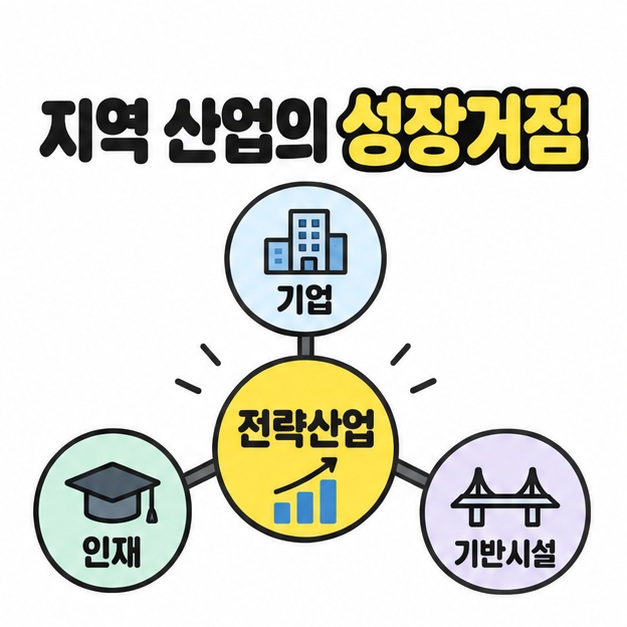 전략산업을 중심으로 기업과 인재 및 기반시설을 연결해 지역 산업의 성장거점을 나타낸 관계 도식