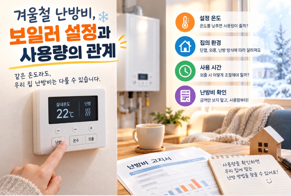 겨울철 난방비 절약을 위한 보일러 설정 온도와 난방 사용량의 관계를 설명하는 이미지. 실내 온도조절기, 보일러, 주택 단열, 난방 시간 및 난방비 사용량 확인 방법을 보여준다.