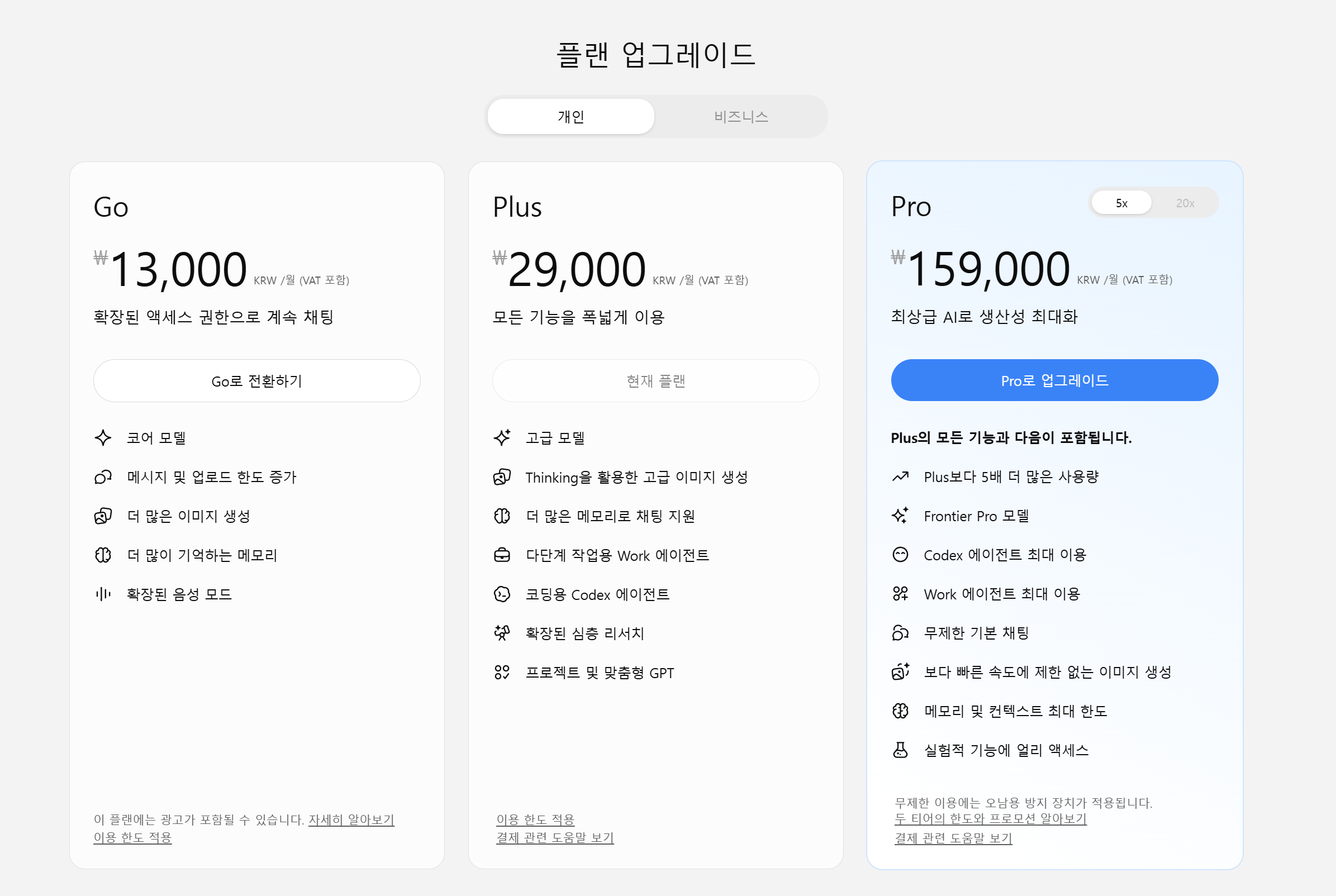 ChatGPT Go Plus Pro 요금제 가격 및 Work 사용량 비교