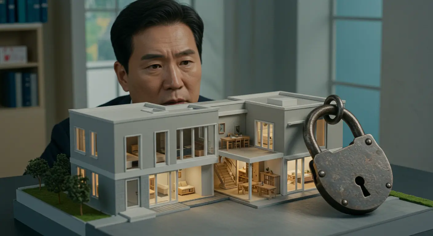 아파트 모형의 방 하나가 자물쇠로 잠긴 것을 보며 방공제를 고민하는 한국인 집주인