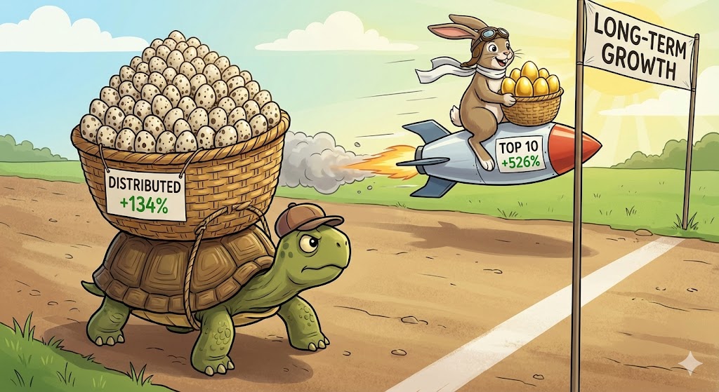 '분산투자(여러 바구니)'를 든 거북이와 'TOP 10(황금 바구니)'을 든 토끼가 경주하는데, 토끼가 훨씬 앞서 나가는 모습