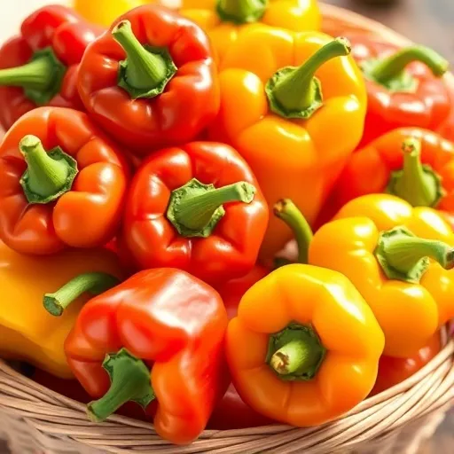 빨강, 노랑, 주황색의 신선한 파프리카들이 대나무 바구니나 나무 볼에 담겨 다채로운 색감을 뽐내고 있습니다. 밝은 자연광 아래서 파프리카의 윤기와 싱싱함이 돋보이도록 연출해 주세요.