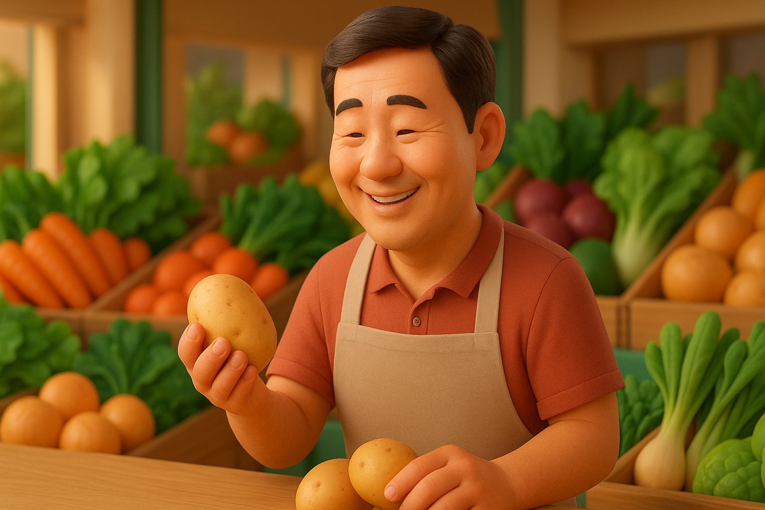 외식업 사장님이 서산 로컬푸드 직매장에서 만족스럽게 식재료를 고르는 모습