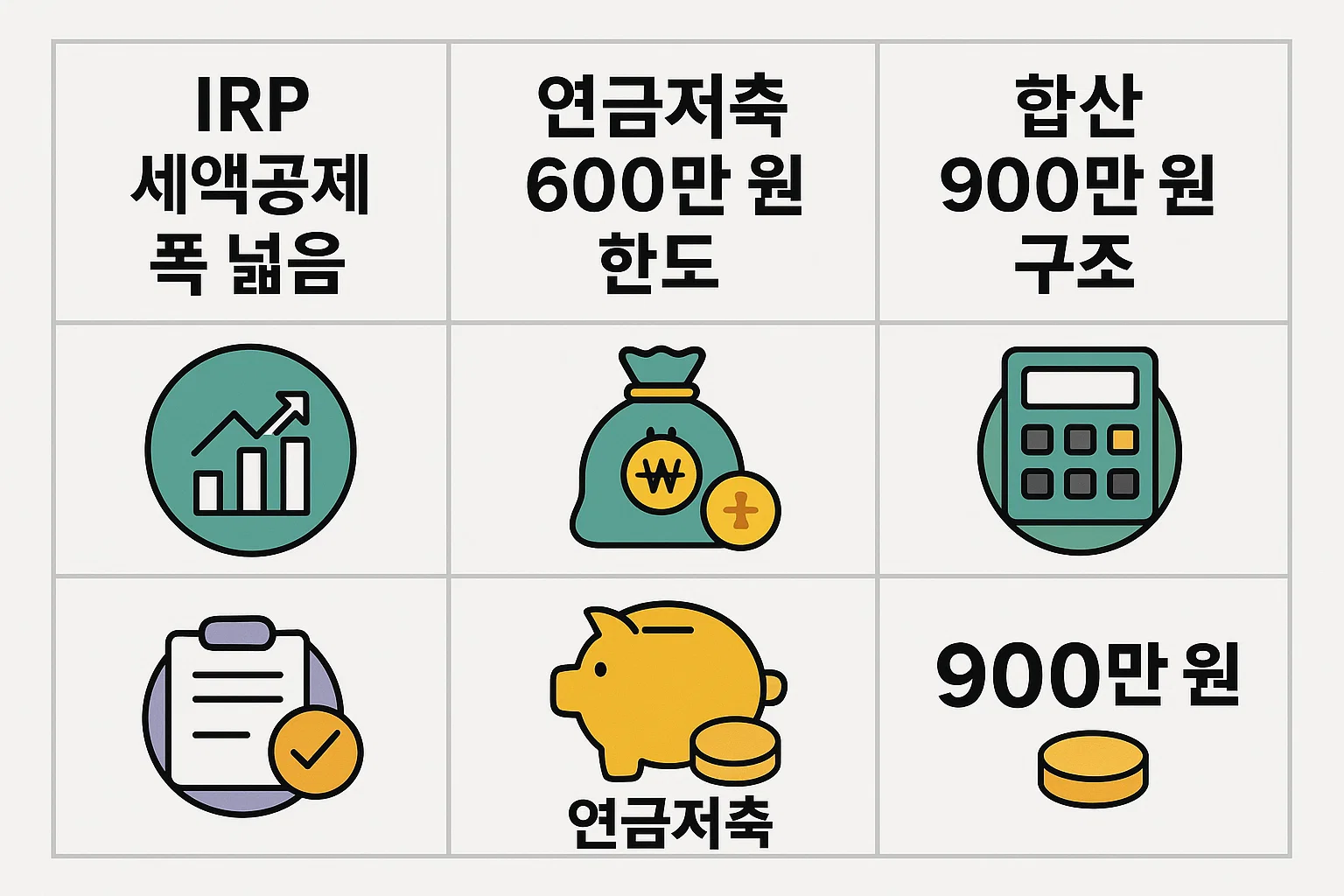 IRP 세액공제 폭 확대, 연금저축 600만원 한도, IRP 포함 합산 900만원 구조 등을 그래픽으로 정리해 2025년 절세 전략을 이해하도록 구성한 정보형 알트태그 상세설명문