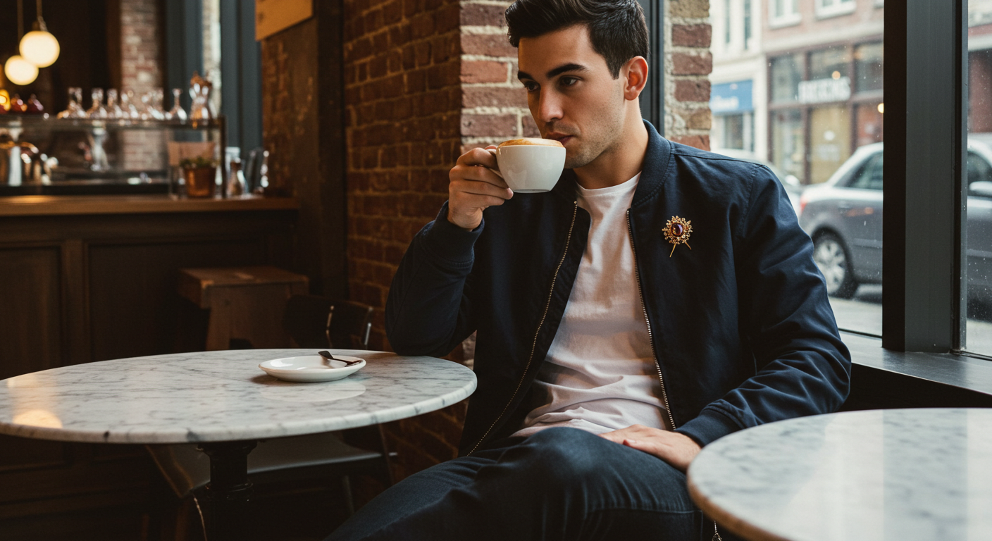 남성이 브로치를 착용하고 커피를 즐기는 모습