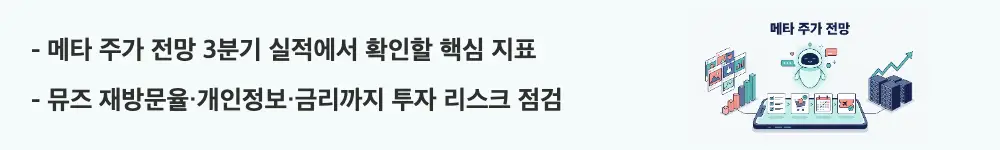 메타 주가 전망: '메타 주가 전망 3분기 실적에서 확인할 핵심 지표 / 뮤즈 재방문율·개인정보·금리까지 투자 리스크 점검'이라는 문구가 포함된 웹배너 이미지. 이 이미지는 3분기 실적 체크포인트와 투자 리스크를 시각적으로 전달하며, 블로그의 메타 주가 전망 체크포인트와 관련된 내용을 설명함