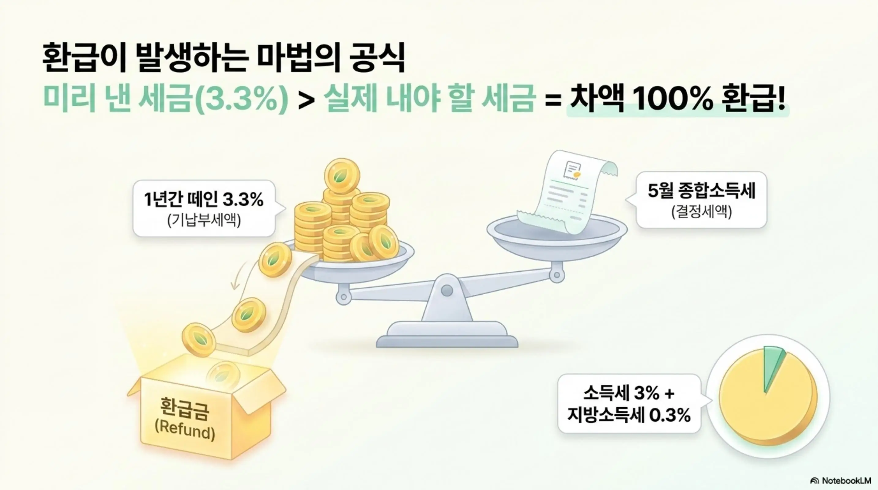 프피랜서 3.3% 환급: 기납부세액에서 결정세액을 빼면 환급금이 발생하는 구조를 저울 일러스트로 보여주는 인포그래픽 이미지. 이 이미지는 미리 낸 3.3%가 실제 세금보다 많으면 차액이 100% 환급되는 원리를 시각적으로 전달하며, 블로그의 프리랜서 3.3% 환급 구조와 관련된 내용을 설명함