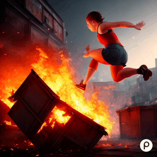 불타고 있는 박스를 발로 차는 여성