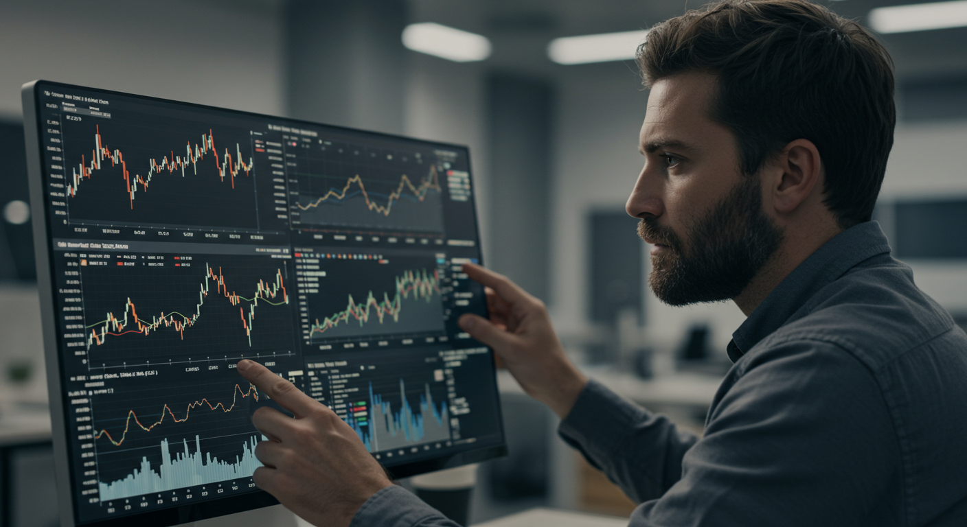 미국 주식 시장의 투자 의사 결정을 상징하는 컴퓨터에서 주식 성과 차트를 검토하는 재무 분석가.