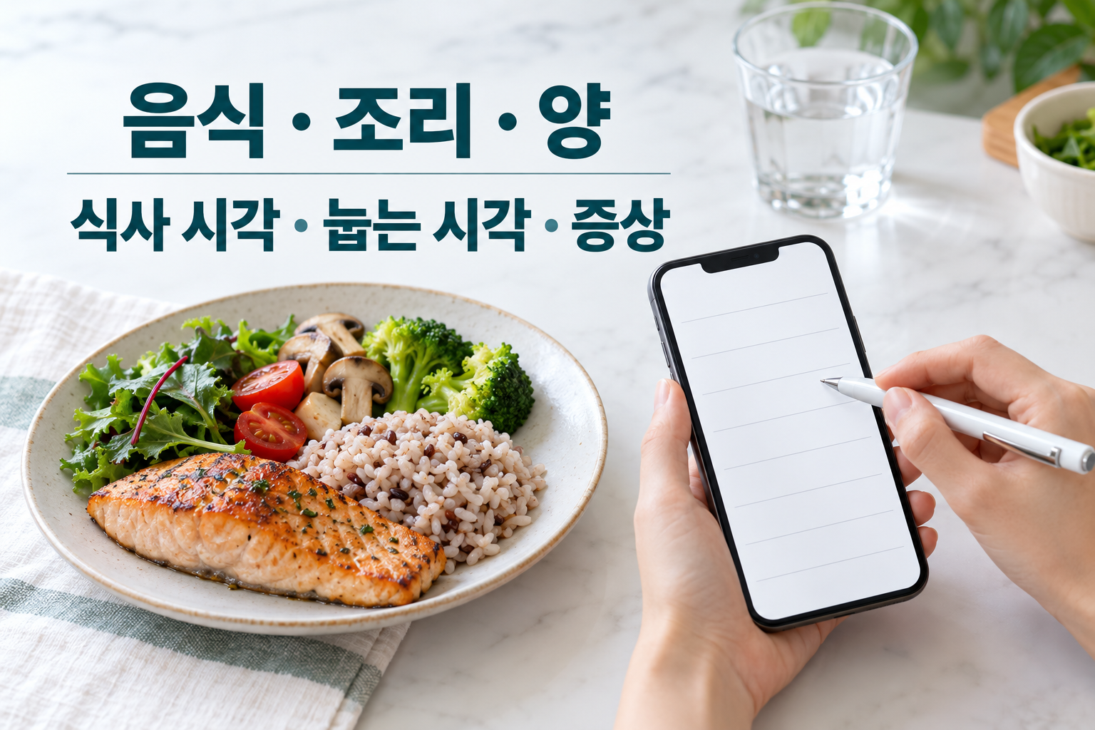 외식 메뉴 사진과 휴대전화 기록에 음식&middot;시각&middot;증상 칸이 있는 장면