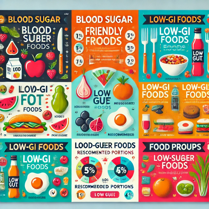 저혈당지수(GI) 식품과 혈당 조절에 좋은 식단 예시를 담은 인포그래픽.