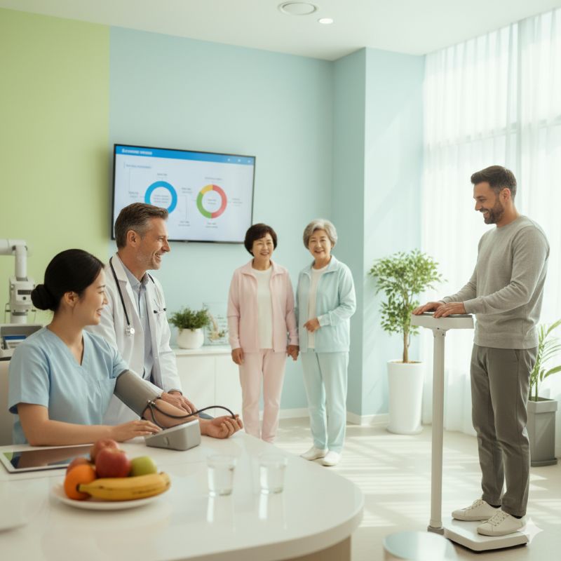 밝은 분위기의 병원에서 건강검진을 받는 모습