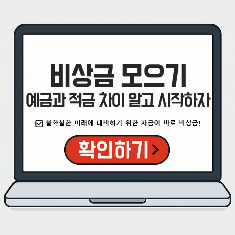 비상금 모으기: 예금과 적금 차이를 설명하고 시작하자고 독려하는 노트북 화면 이미지