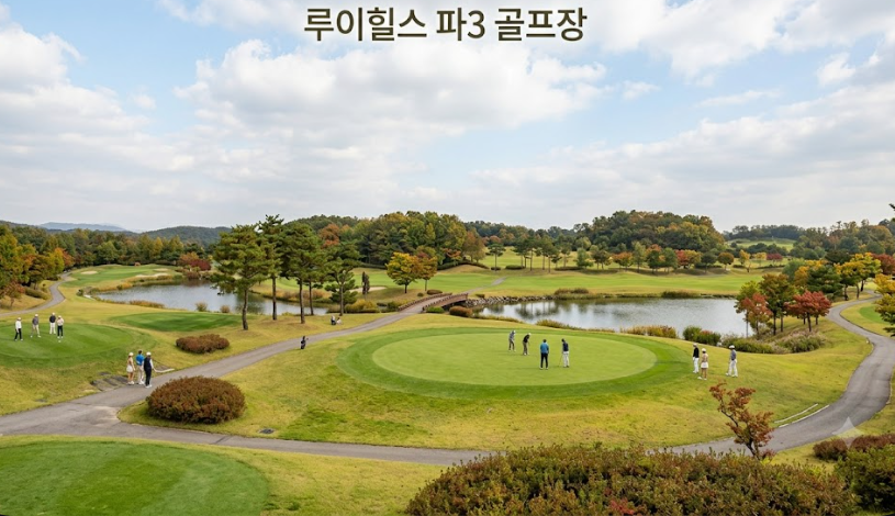 alt="양주 루이힐스 파3 골프장 코스 전경 및 해저드 풍경"