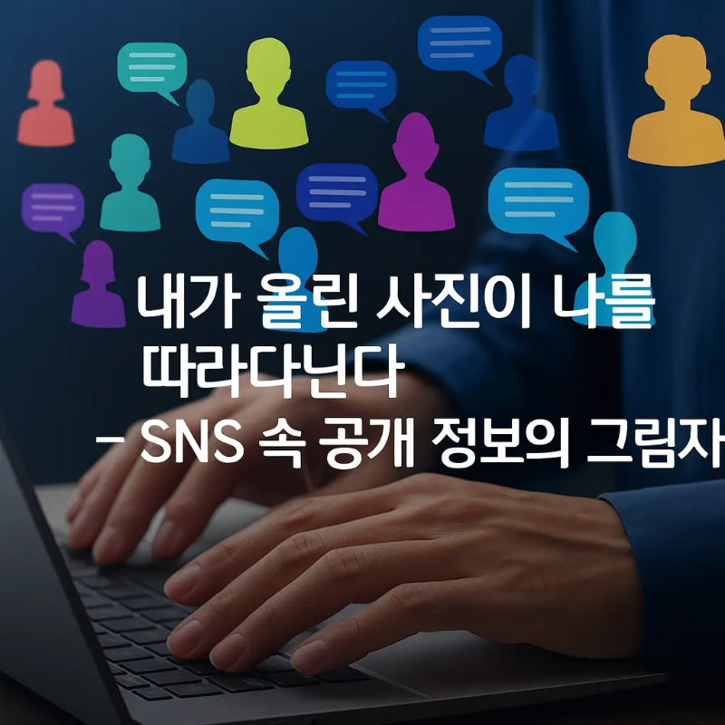 컴퓨터 키보드를 사용하는 사람의 손과 함께, 다채로운 색상의 말풍선과 사용자 아이콘이 떠 있는 디지털 커뮤니케이션 개념 이미