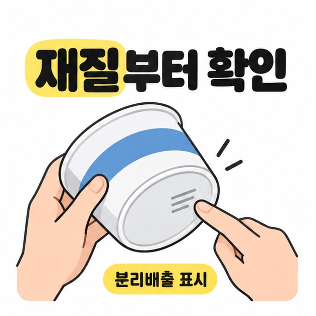 컵라면 용기를 기울여 바닥에 있는 분리배출 표시 위치를 손가락으로 확인하는 모습