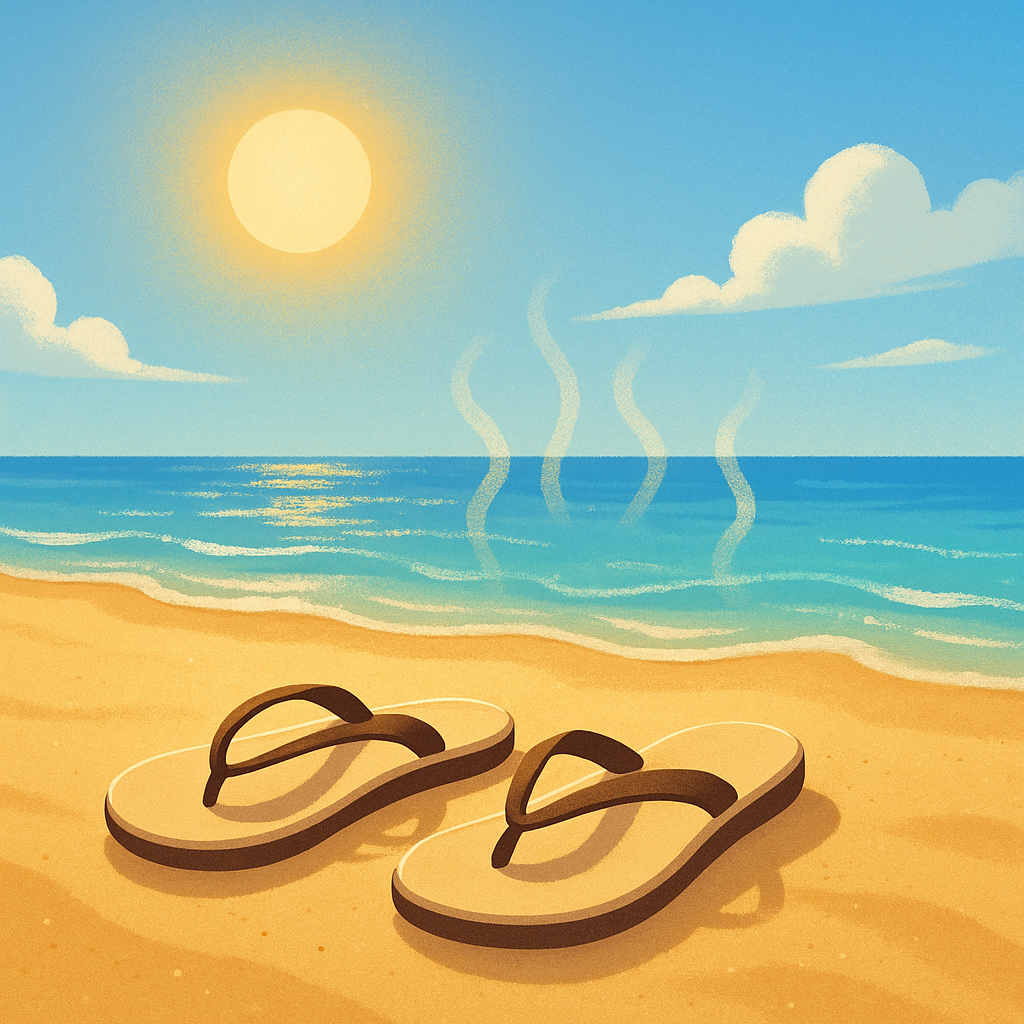 여름-바닷가에서-강렬한-햇빛을-받아-모래사장이-뜨겁게-달궈진-장면으로-해변에-놓인-슬리퍼와-바다의-대비가-모래가-여름에-더-뜨거운-이유를-표현한-이미지