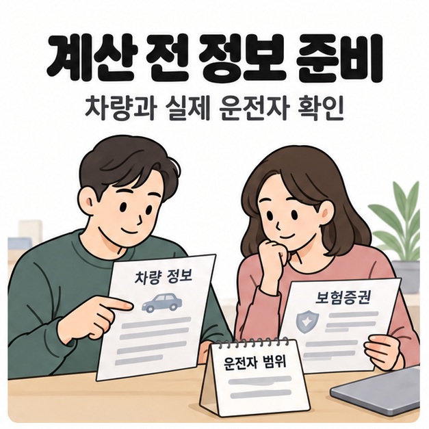 두 사람이 차량 정보 문서와 보험증권을 살펴보며 운전자 범위 메모를 함께 확인하는 모습