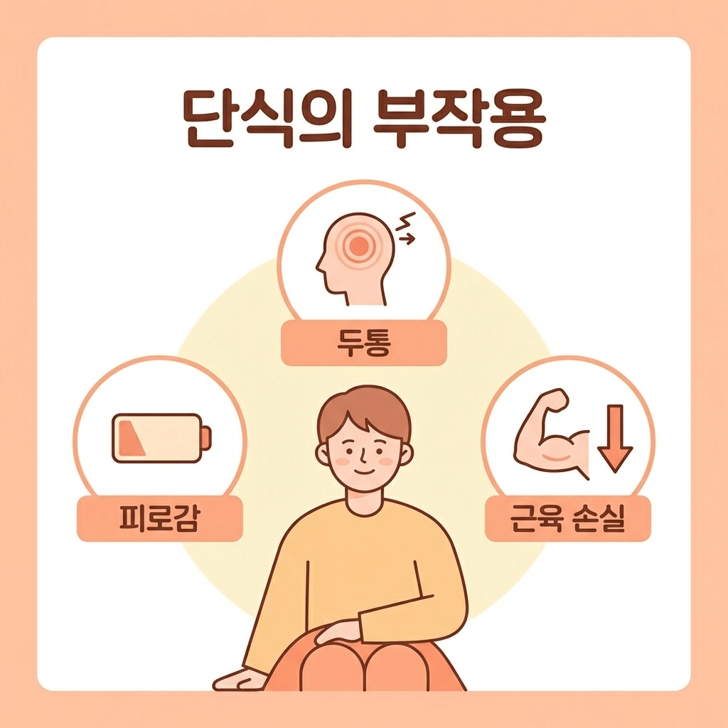 간헐적 단식 부작용 두통 피로 근육 손실 개념 일러스트