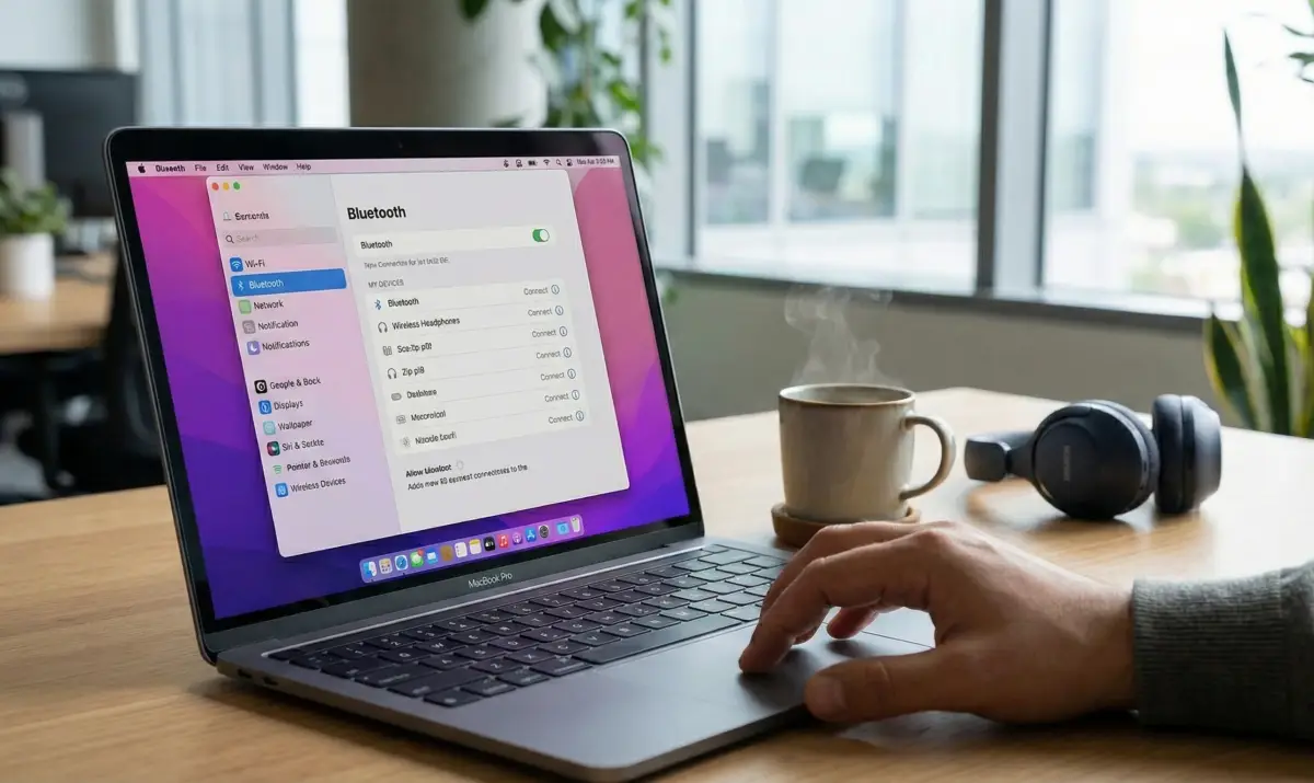 노트북 설정 화면에서 블루투스 기기를 검색하고 연결을 시도하는 업무 환경