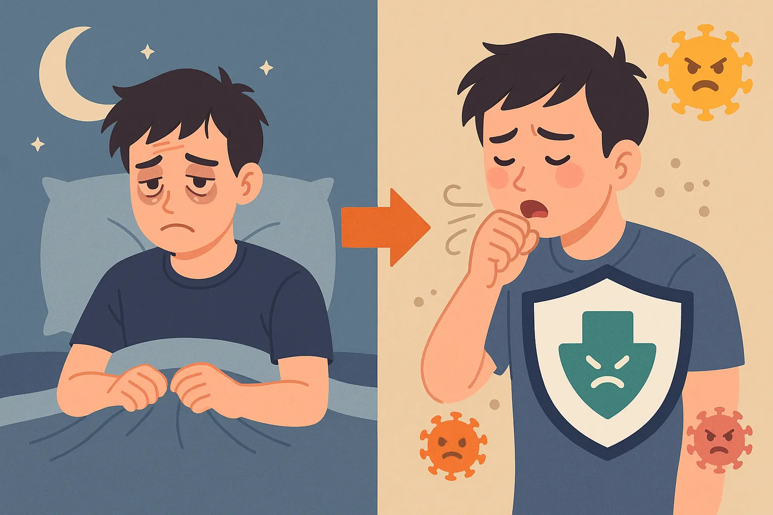 수면-부족이-면역력을-저하시켜-질병에-취약해지는-과정을-시각적으로-표현한-이미지