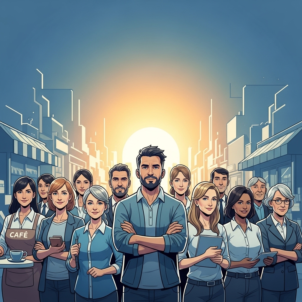 어려움을 극복하고 재기를 꿈꾸는 다양한 소상공인들이 희망찬 표정으로 함께 서 있는 모습, 따뜻한 일출이 비추며 새로운 시작을 암시합니다.