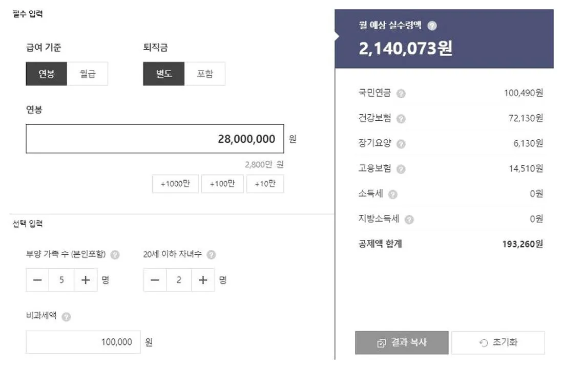 연봉 2800 실수령액