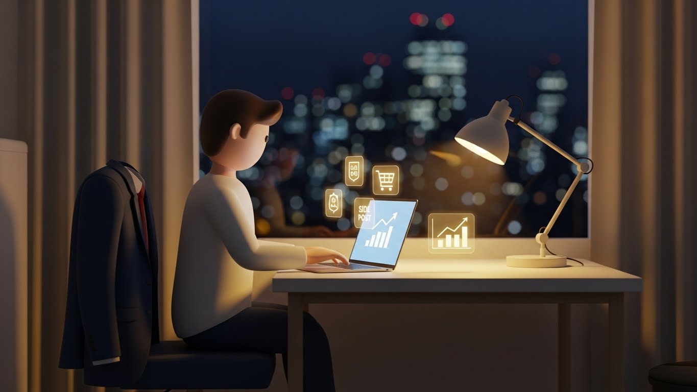 밤에 집에서 노트북으로 부업을 하고 있는 직장인의 뒷모습. 책상 위 노트북 화면에는 블로그, 쇼핑몰, 성장 그래프를 상징하는 아이콘이 떠 있고, 의자에는 정장이 걸려있다. 창밖으로는 도시의 야경이 보인다. 깔끔한 3D 일러스트 스타일.