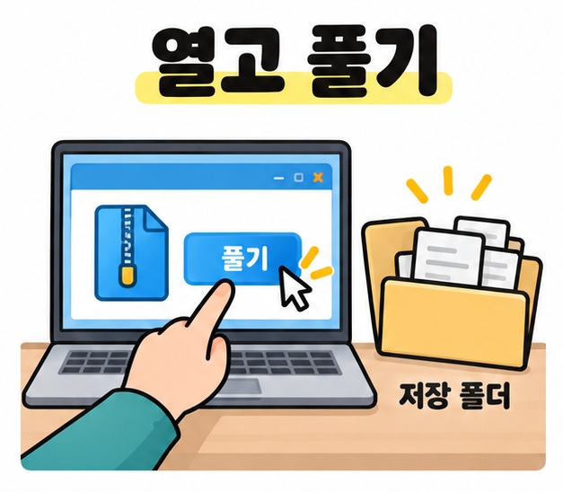 노트북의 풀기 버튼을 누르고 문서를 저장 폴더에 꺼내는 압축 해제 장면