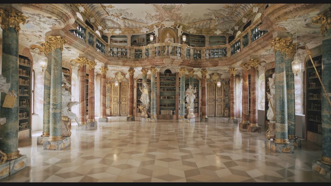 독일 비블링엔 수도원 도서관홀—파스텔 대리석 기둥과 금장 장식, 조각상이 둘러싼 로코코 공간