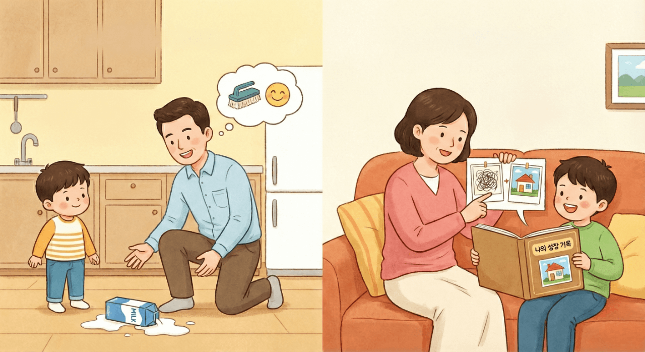 부모가 실수 하는 모습 보여주기, 성장 앨범 읽어주기,자존감높여주기,포기하는아이 부모의 로드맵