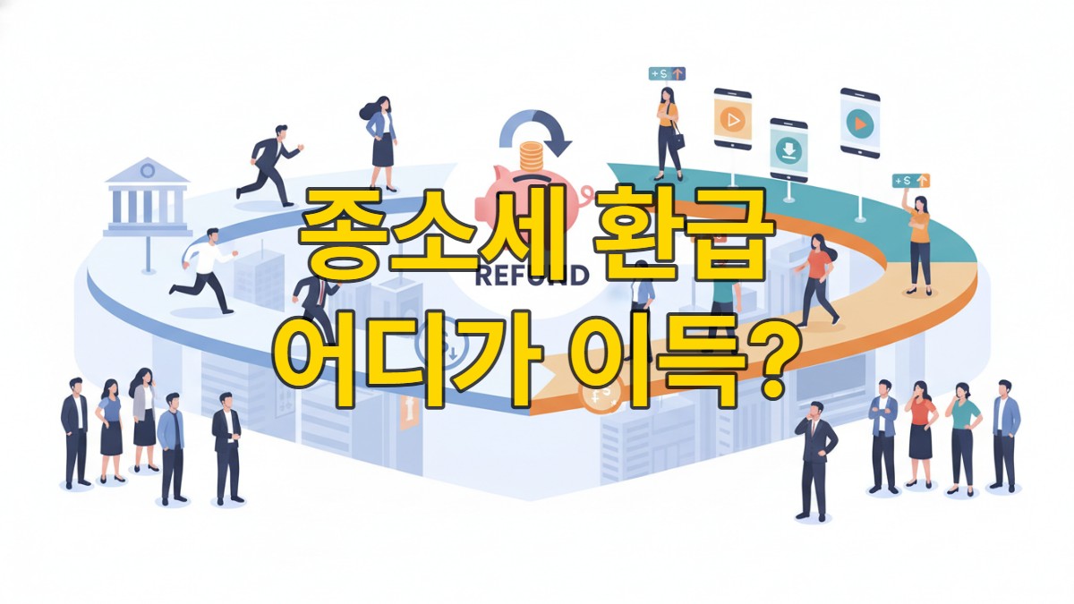 2026년 종합소득세 환급을 위해 국세청과 민간 세무 플랫폼 중 선택을 고민하는 현대 한국인들의 모습. 두 갈래 길이 환급금으로 이어지는 장면을 묘사한 일러스트.