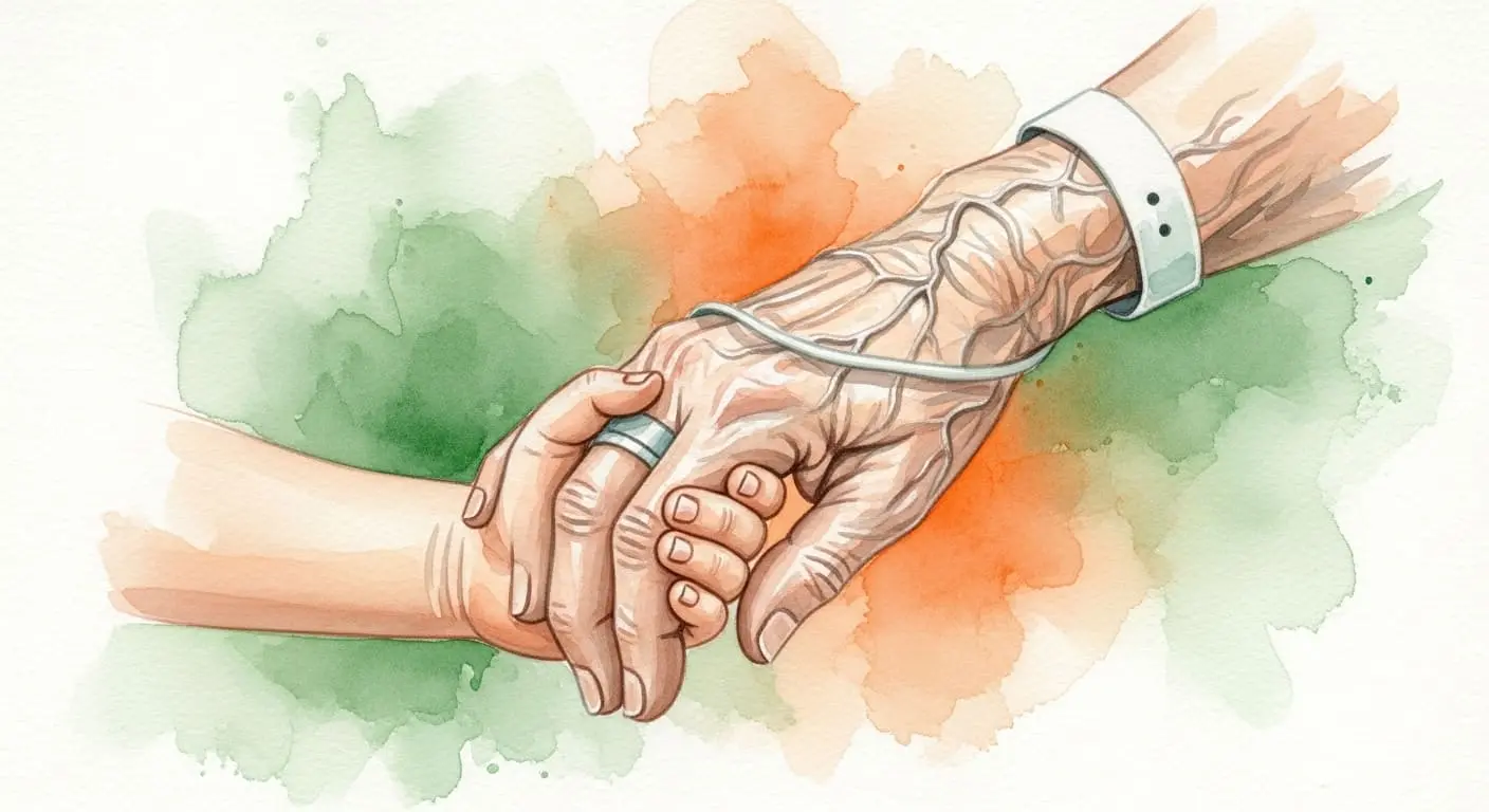 어린 자녀가 병상에 계신 어머니의 손을 따뜻하게 잡고 있는 그림. 가족 간의 깊은 사랑과 건강의 소중함을 상징합니다.