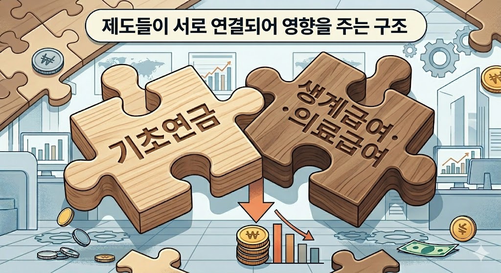 기초연금과 생계급여&middot;의료급여 퍼즐 조각이 맞물려 있는 그림