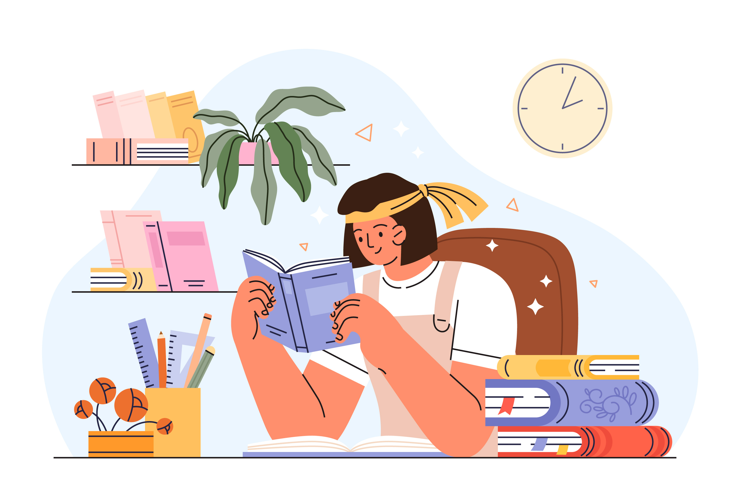 이 이미지는 책을 읽고 있는 젊은 여성의 일러스트레이션입니다. 짧은 갈색 머리에 노란 리본을 한 여성이 흰색 상의와 베이지색 멜빵바지를 입고 갈색 안락의자에 앉아 파란색 책을 읽고 있습니다. 주변 환경은 아늑한 학습 공간으로, 분홍색과 노란색 책들이 꽂힌 책장, 큰 잎이 있는 화분, 연필과 자가 담긴 문구용품 통, 그리고 벽에는 시계가 보입니다. 파스텔 톤의 푸른 배경과 작은 장식 요소들이 있어 평화롭고 아늑한 독서 환경을 나타냅니다. 전체적으로 공부와 독서의 평온한 분위기를 표현한 귀여운 일러스트입니다.
