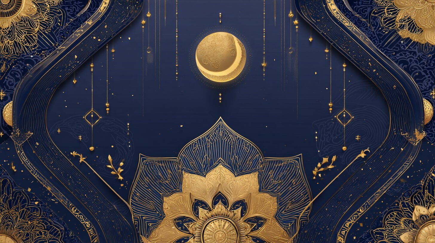 반짝이는 보름달과 금빛 장식의 한가위 이미지