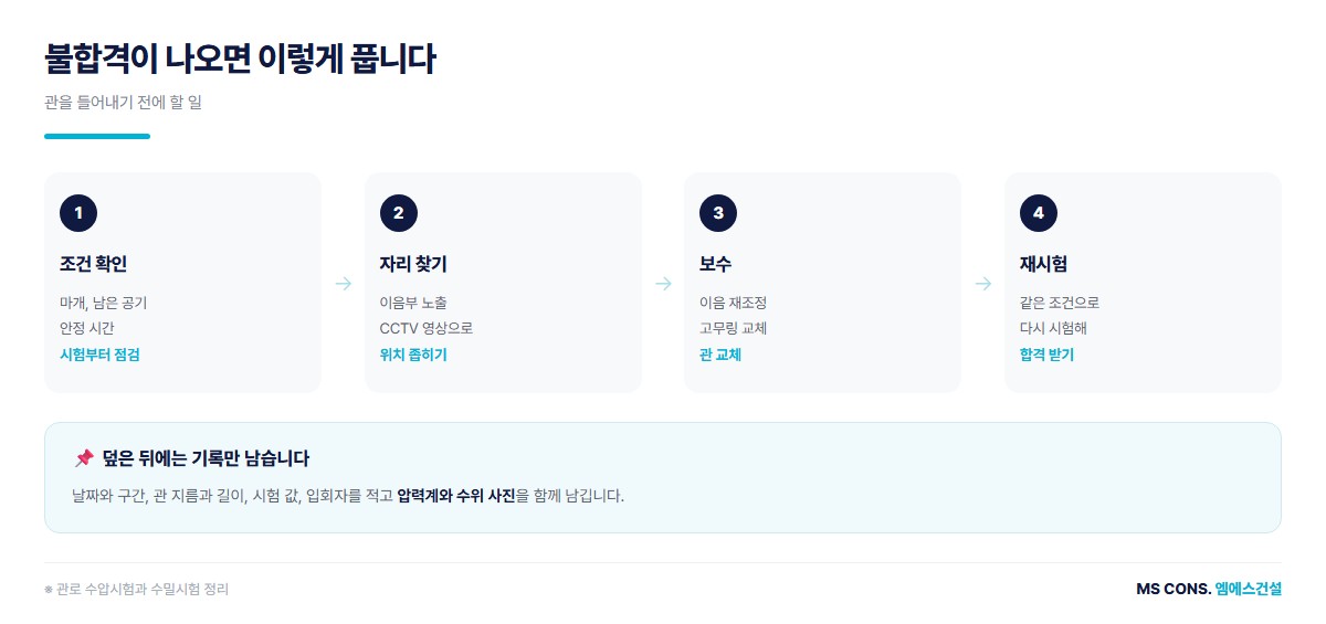 관로 시험 불합격 처리 흐름 도해 — 시험 조건 재확인, 새는 자리 찾기, 보수, 같은 조건 재시험, 기록