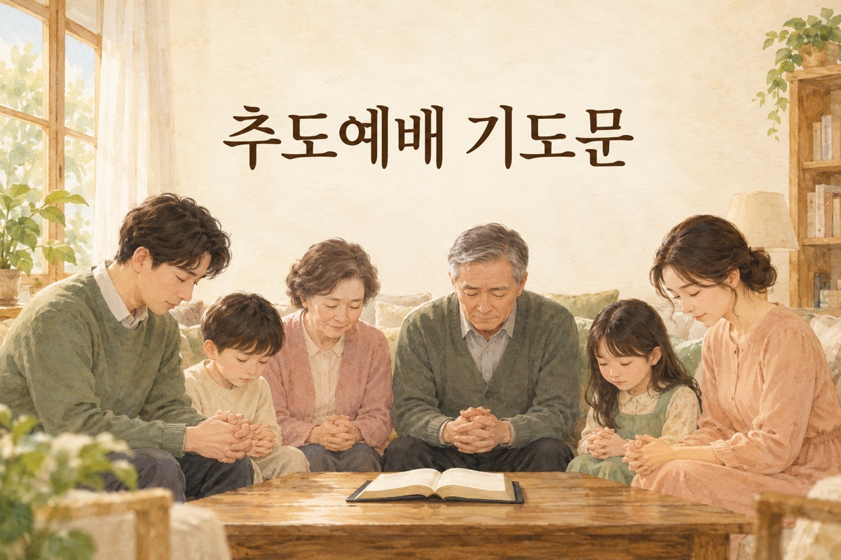 추도예배 기도문 표지 &mdash; 창가에 모인 가족의 따뜻한 수채화 그림