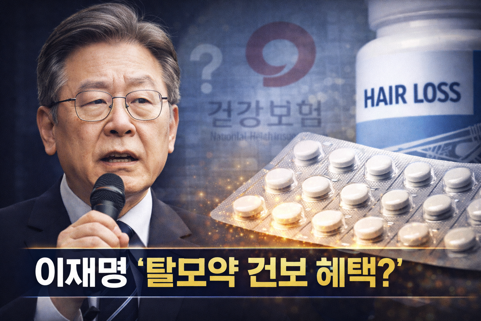 Image overlapping President Lee Jae-myung speaking seriously with a close-up of hair loss pills. Health insurance logo and a question mark faintly visible in the background. News thumbnail style.