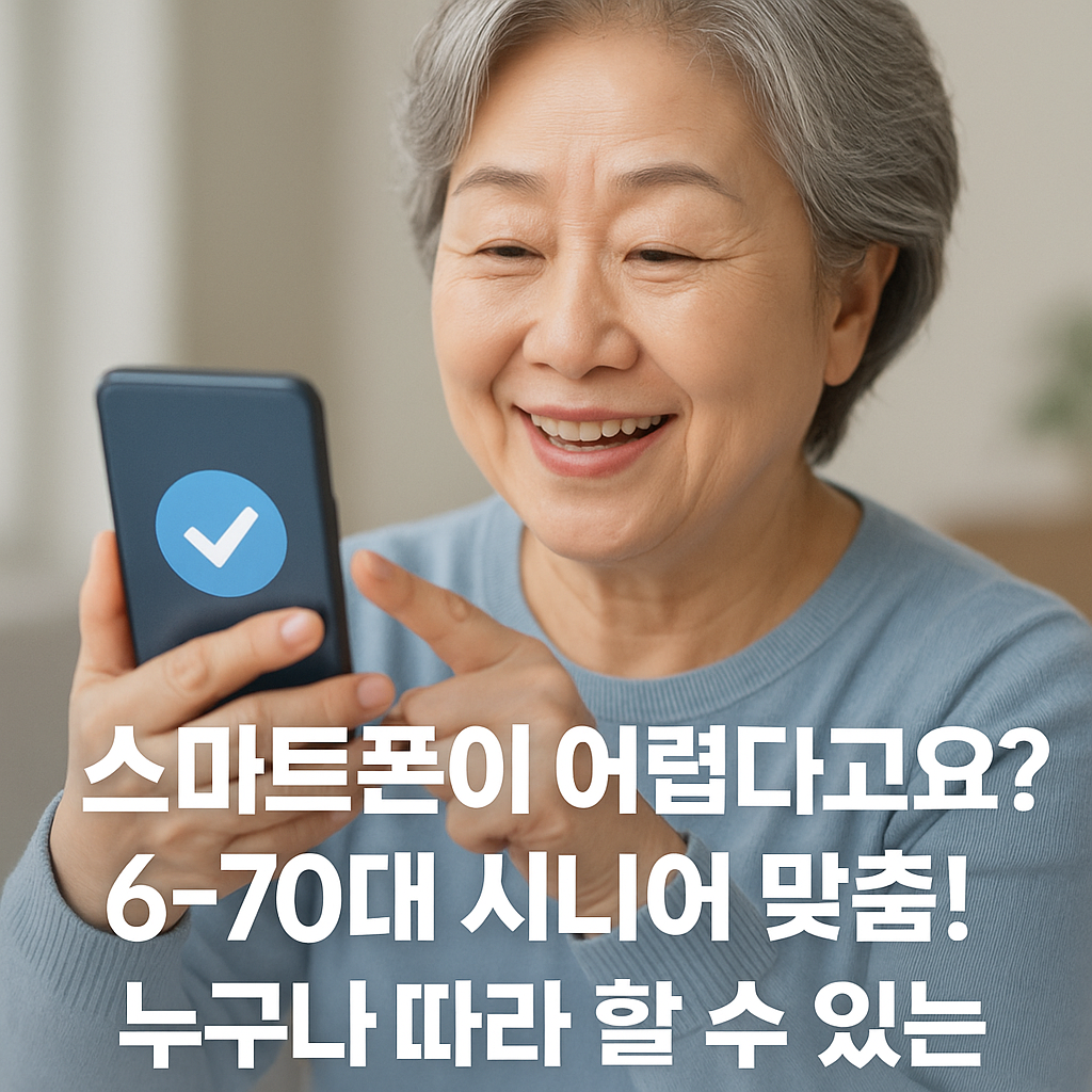 국인 시니어 여성이 스마트폰 화면을 가리키며 웃는 장면 – 누구나 따라 할 수 있는 쉬운 설명서 홍보 이미지