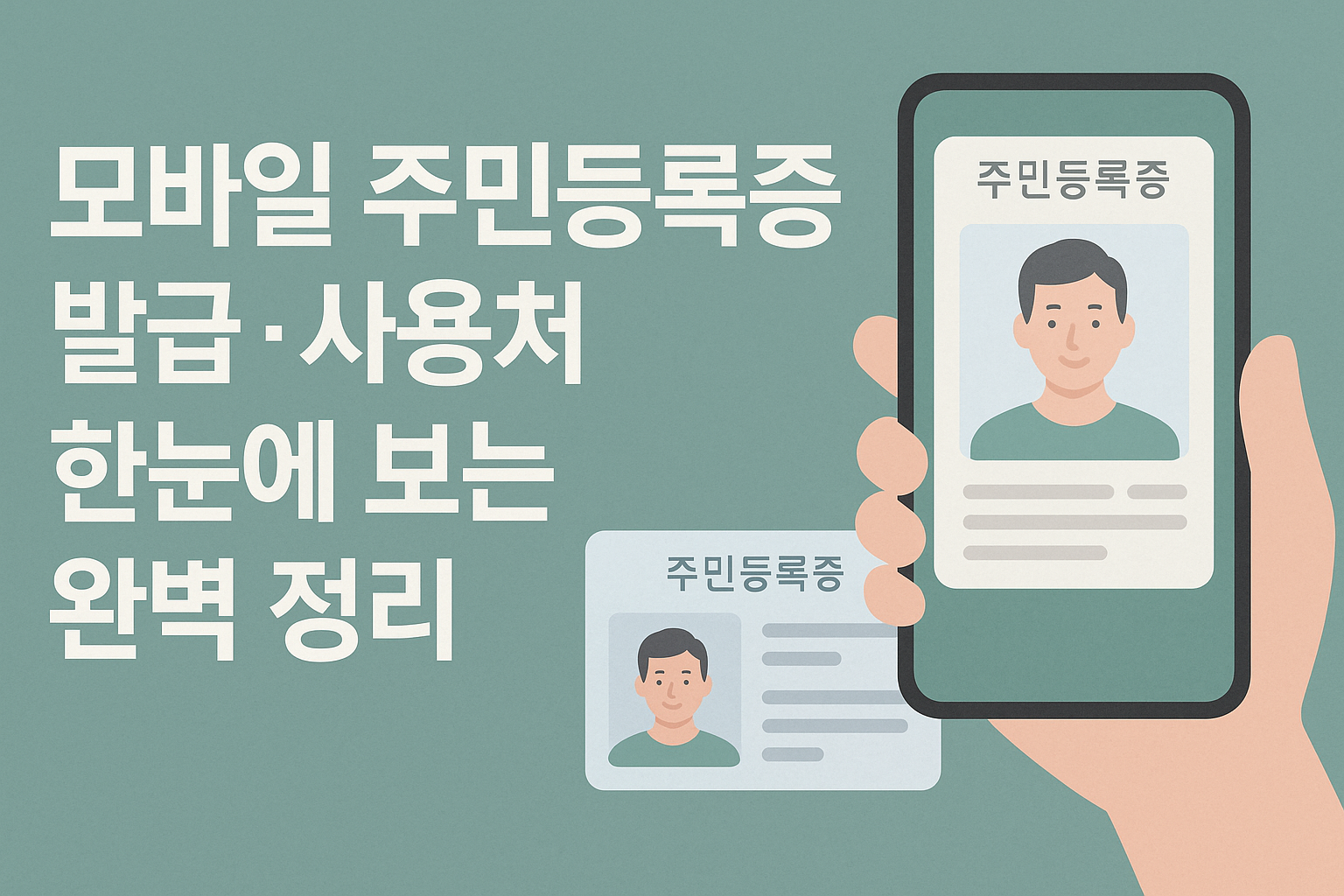 모바일 주민등록증 발급·사용처 한눈에 정리한 썸네일 - 스마트폰 화면에 표시된 주민등록증과 실물 주민등록증 이미지