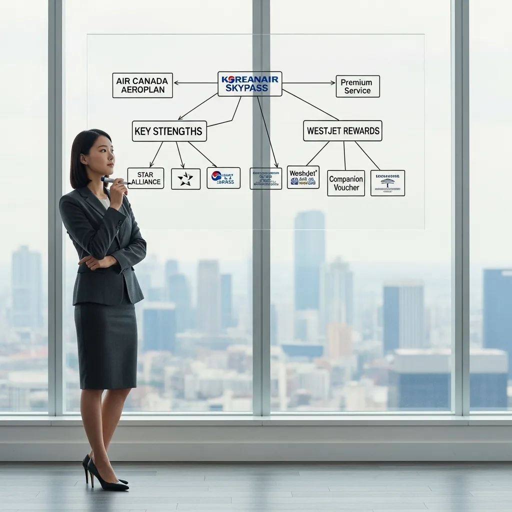 젊은 한국인 여성이 투명한 유리 보드에 'AEROPLAN', 'SKYPASS', 'Westjet Rewards'의 장단점을 분석하며 깊은 생각에 잠겨 있다