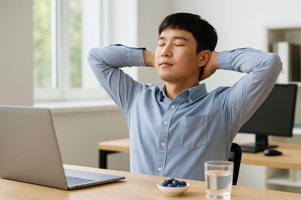 업무 중 잠시 눈을 감고 휴식을 취하며 책상 위 블루베리를 곁에 둔 청년 모습.