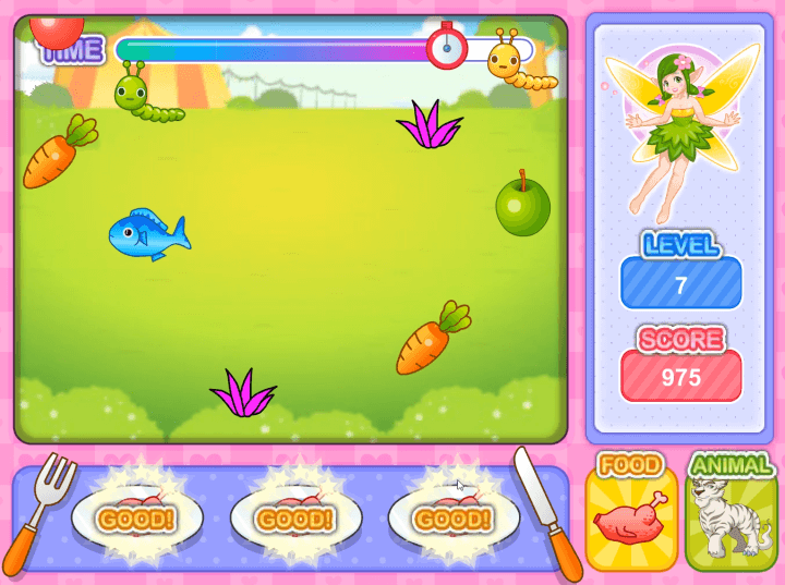 동물들이-원하는-통닭을-접시에-올리고-점수를-획득하는-화면