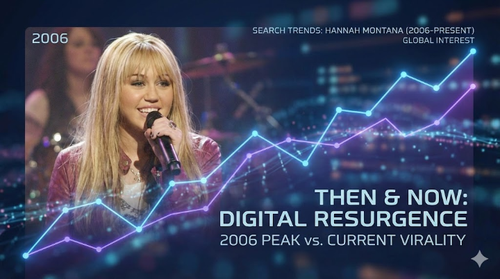 2006년 방영 당시의 앳된 한나 몬타나의 모습과 현재의 검색어 트렌드 그래프가 오버랩된 감각적인 인포그래픽 이미지