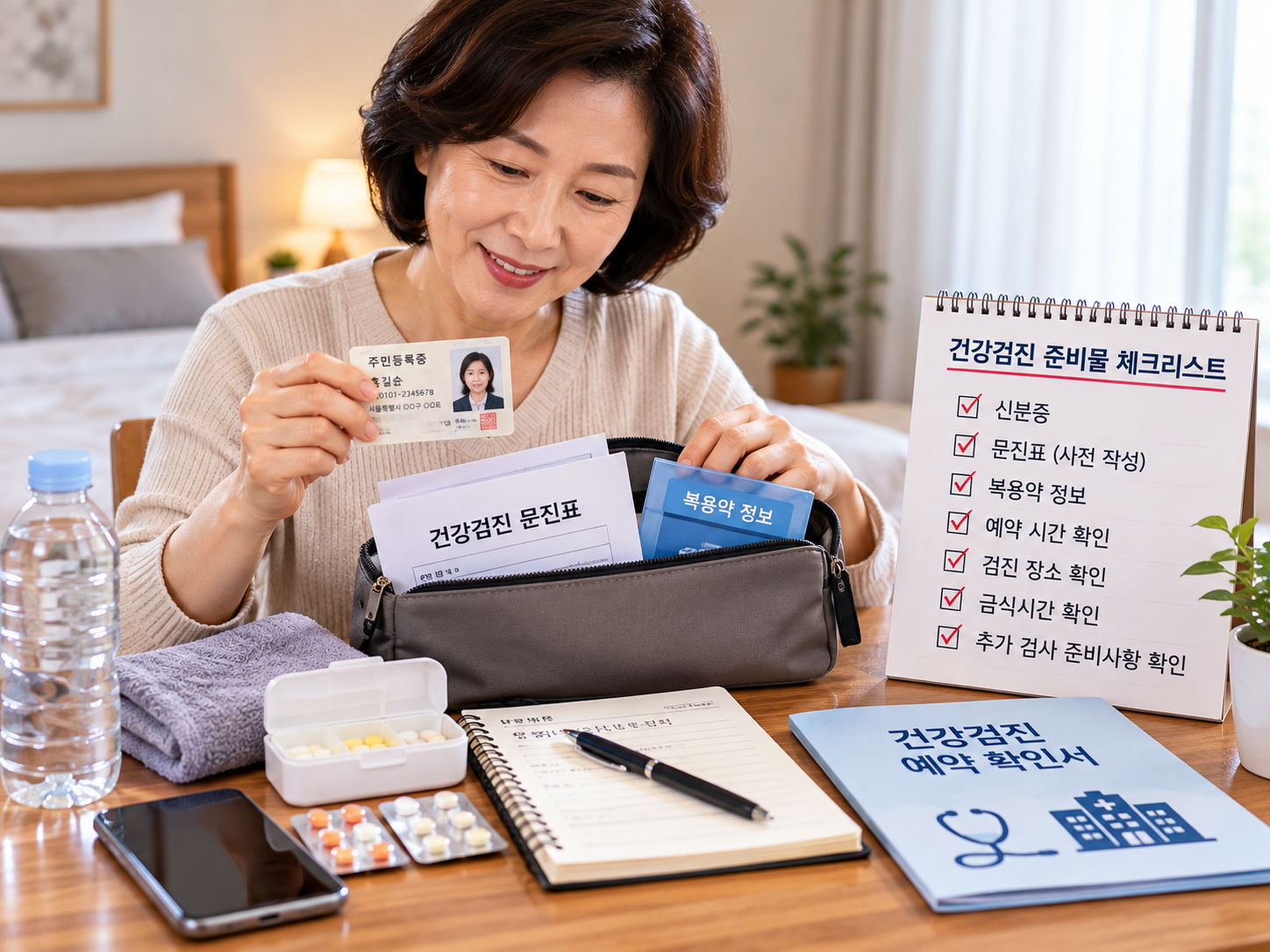 건강검진 전날 신분증과 준비물을 챙기는 모습의 이미지