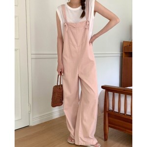와이드 롱 레이어드 핑크 멜빵 오버롤 점프수트