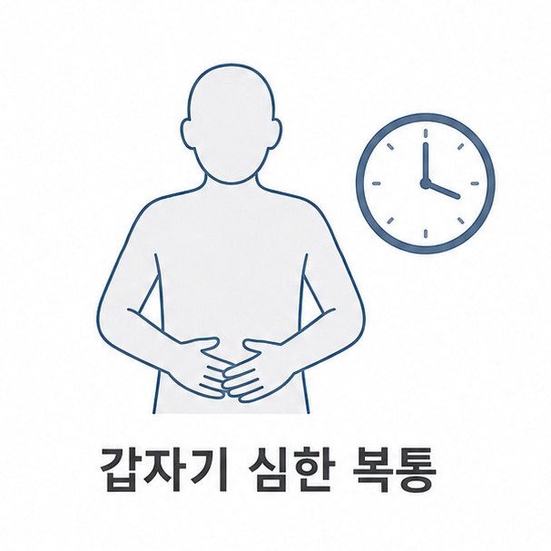갑자기 심한 복통 대표 이미지, 배에 손을 얹은 사람의 실루엣과 시계를 그린 일러스트