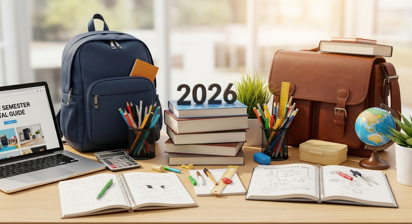 2026년 새학기를 상징하는 각종 학용품과 가방이 정돈된 종합 이미지